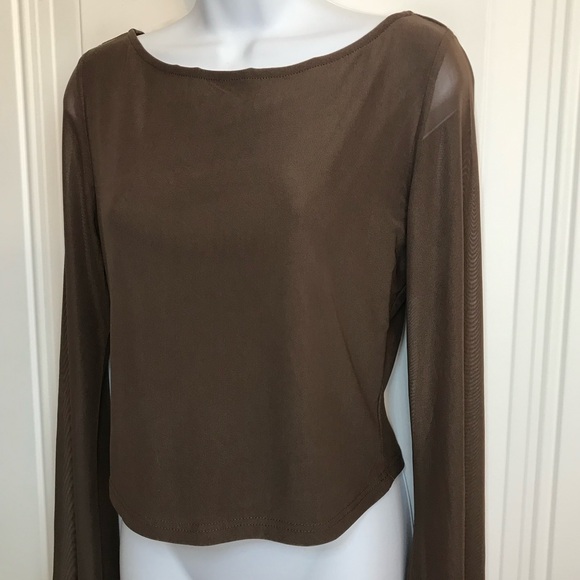 Princess Polly Women’s 10 Chocolate Brown Mesh LS Tie Back Crop Top NWOT - Picture 7 of 16